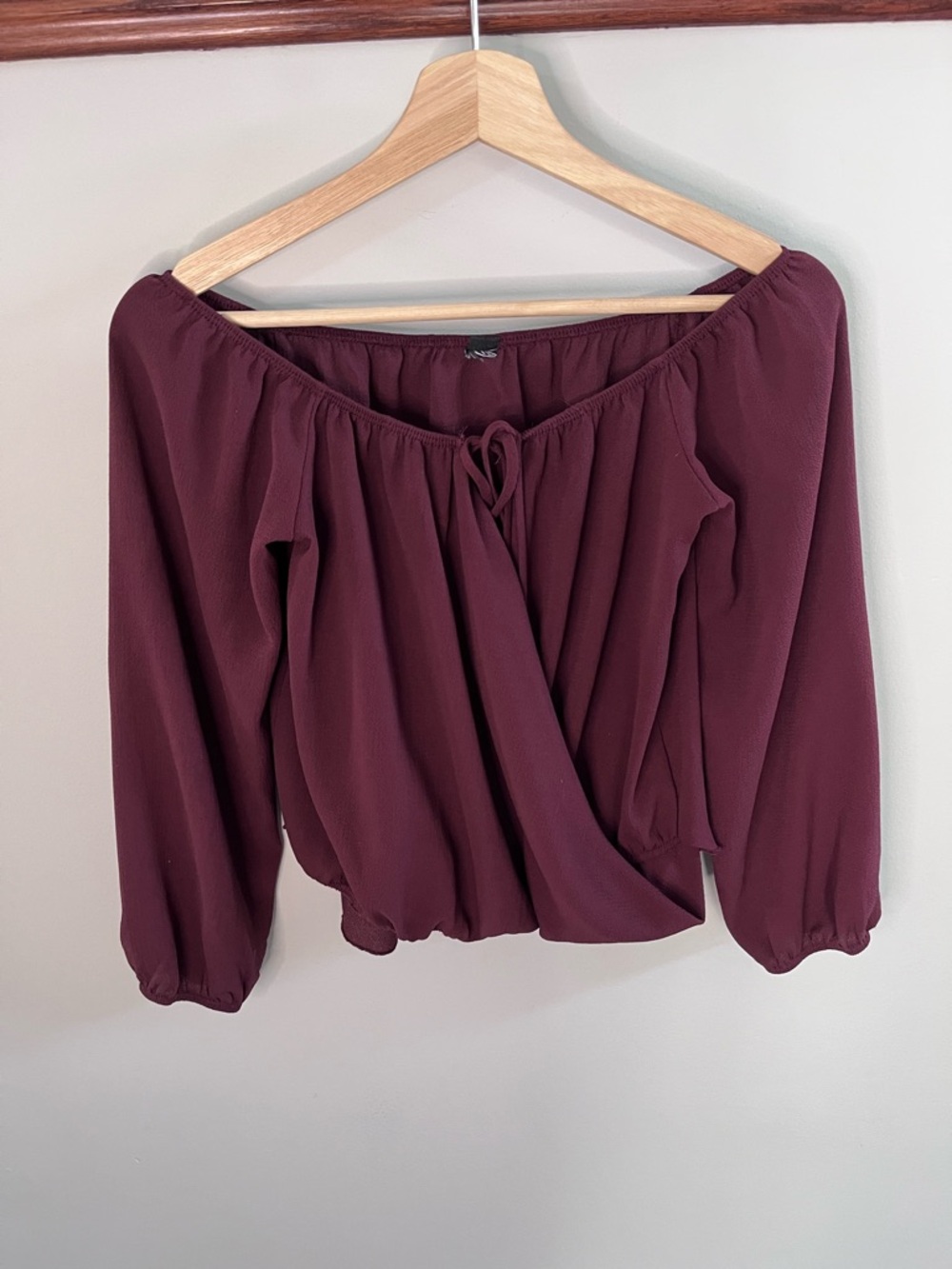 Burgundy Off The Shoulder Wrap Front Blouse Long Sleeve MT1765 Medium